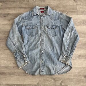 Levis Mens Western Denim Shirt sawtooth Pearl Snap Fitted Distressed Small